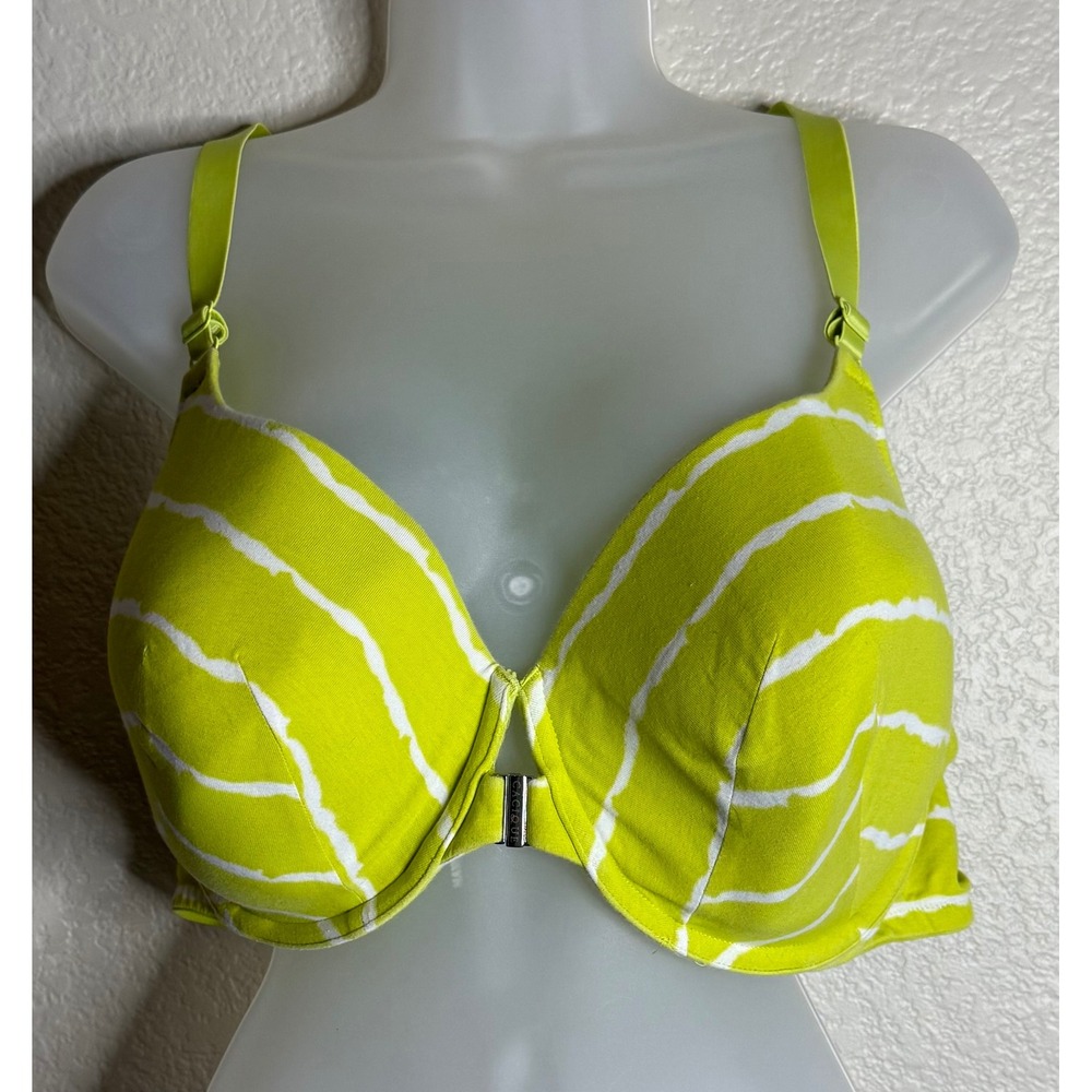 Cacique 44DD T Shirt Bra Lime Green White Striped Lace Racerback Underwire
